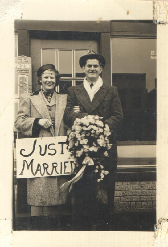 Pike County, Indiana, Robert R. Davis Family, Couple Holding Just Married Sign and Flowers