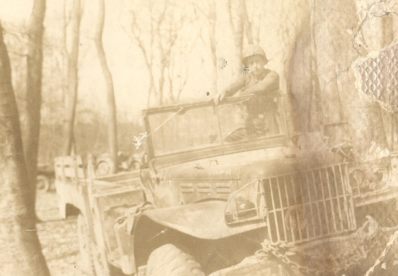 Pike County, Indiana, Veterans Collection, U.S. Army, Soldier Standing in Jeep, Ellis DeMotte, April 26, 1943