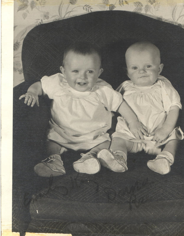 Baby girls seated together on chair