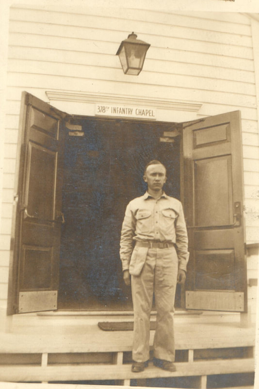 Pike County, Indiana, Veterans Collection, U.S. Army, Soldier Standing on Steps of 378th Infantry Chapel, Pfc. Clarence Harker