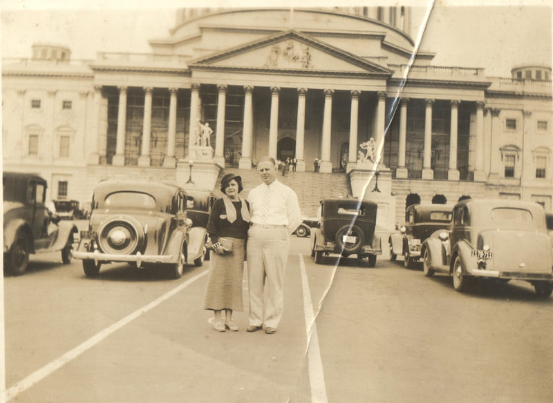 Pike County, Indiana, Harrison Family, Couple Standing in front of Capital Building, Walter and Elsie Harrison, Washington D. C. August 1935 