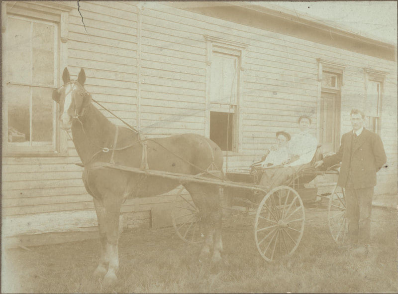 Pike County, Indiana, Morton Family, Man Standing Beside Woman and Child in Horse Drawn Carriage