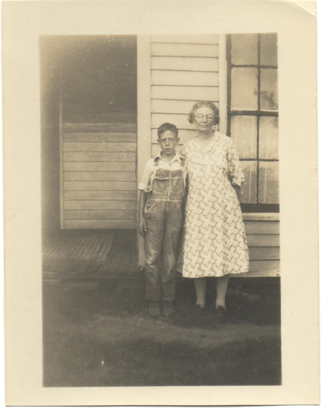 Pike County, Indiana, Morton Family, Elderly Woman and Young Man Standing in Front of Porch