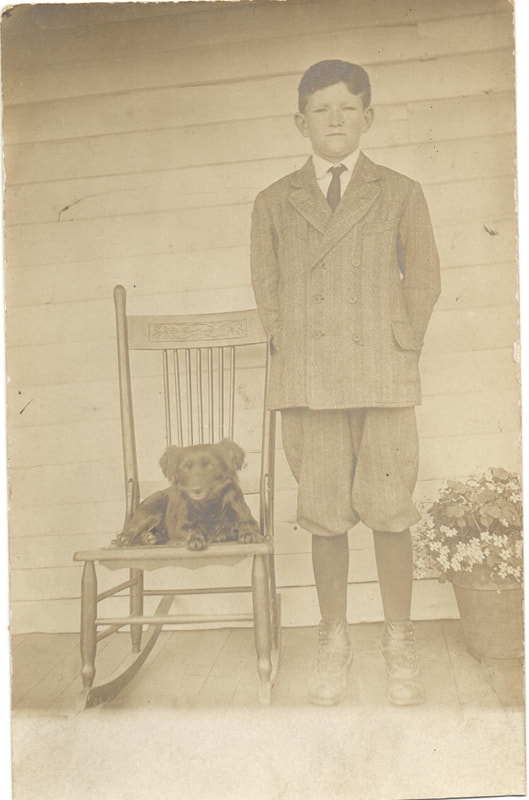 Pike County, Indiana, Morton Family, Young Man Standing on Porch with Dog, Adjic Richeson