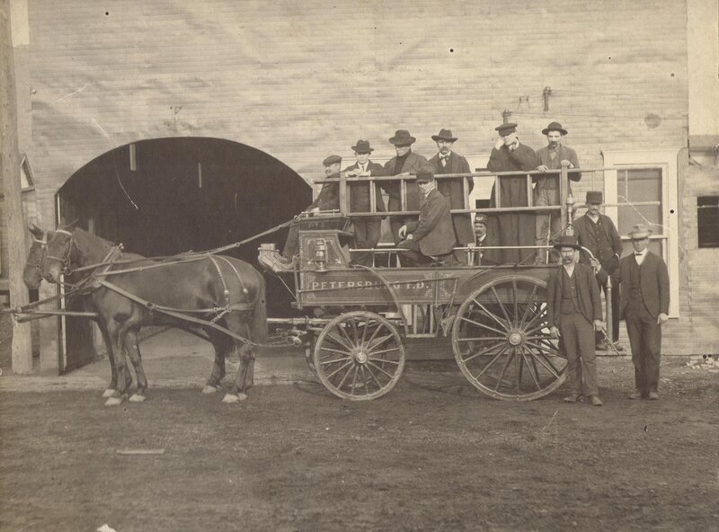 Pike County, Indiana Pike County Landmarks, Men Standing on Horse Drawn Fire Wagon, Petersburg Fire Department, 