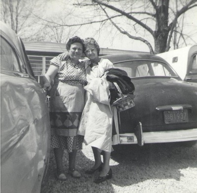 Pike County, Indiana, Morton Family, Women Embracing Between Cars, Virginia Ross and Merle Morton
