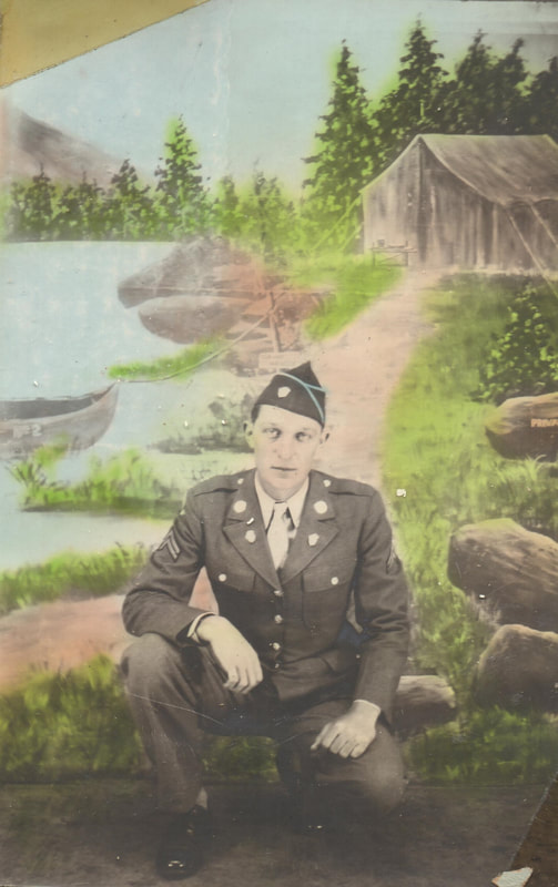 Pike County, Indiana, Veterans Collection, U.S. Army, Soldier Crouching by Painted Background, Corporal Leroy Wiscaver