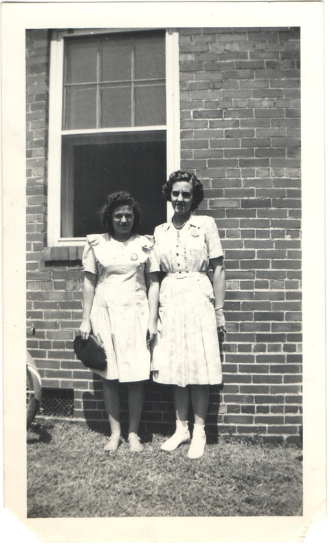 Young women standing together next to building