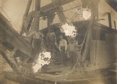Men on coal mining rig, Littles, Indiana
