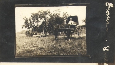 Man seated in horse drawn carriage