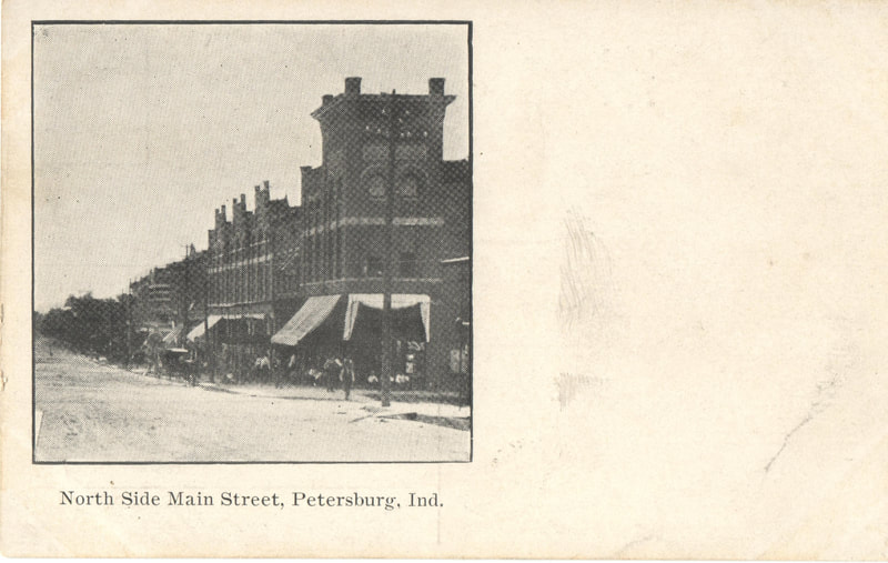 Pike County, Indiana, Postcard Collection, Photograph of Buildings, North Side of Main Street, Petersburg, Indiana