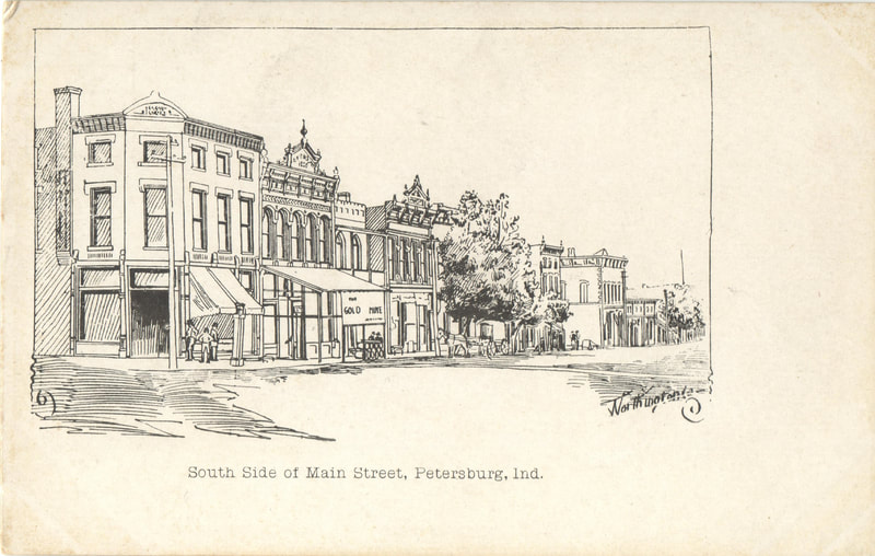 Pike County, Indiana, Postcard Collection, Drawing of Buildings, South Side of Main Street, Petersburg, Indiana